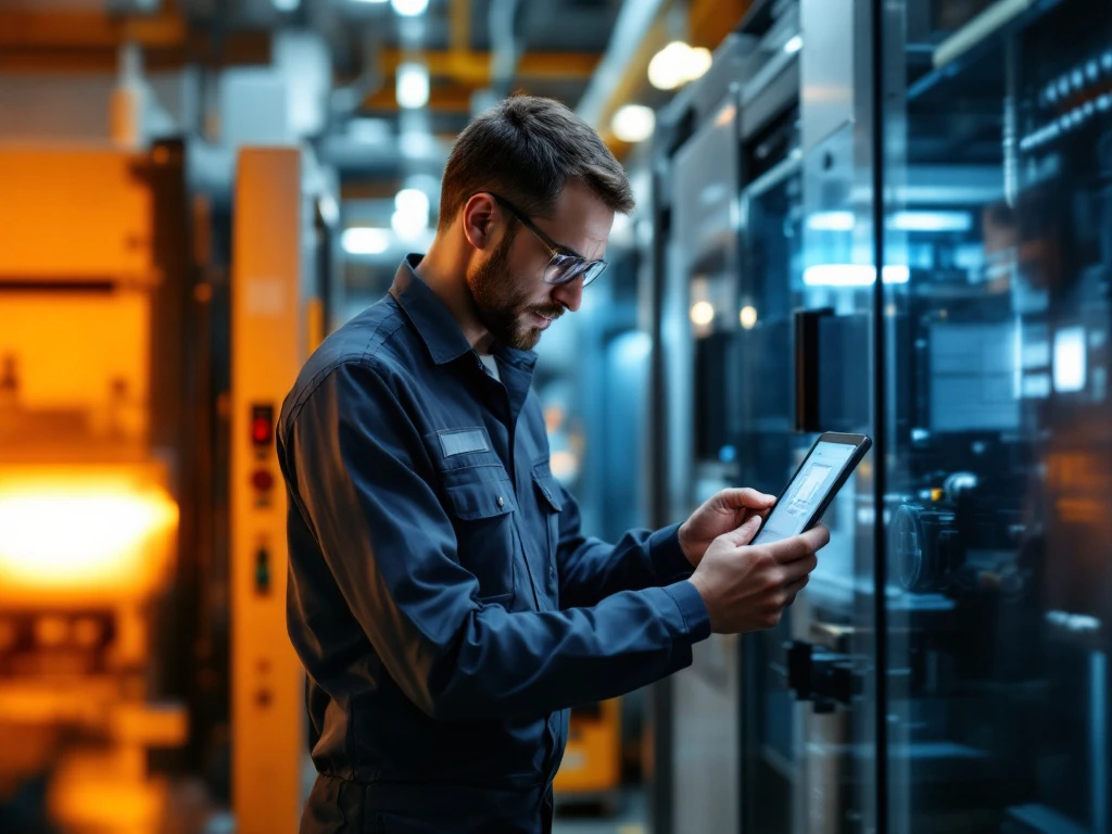 Technician in uniform inspects high-tech machine in factory, showcasing expertise in data-driven maintenance with advanced technology.